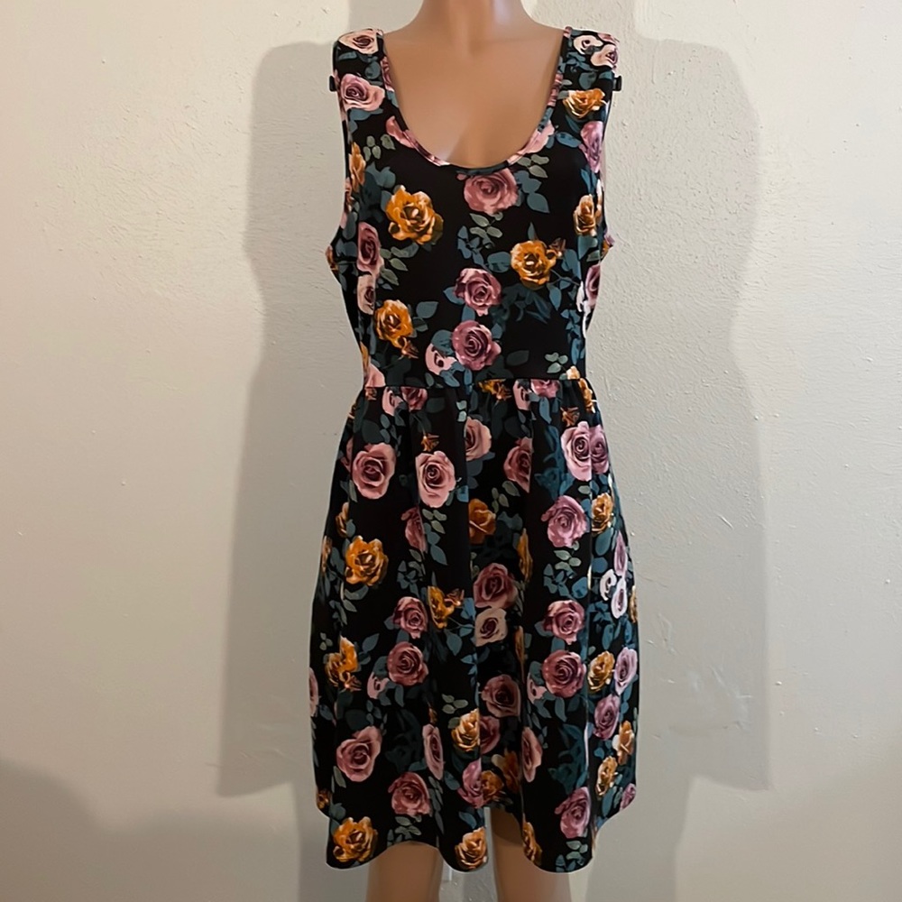 Forever 21 Marion Floral Pink Roses Skater Dress Size 3 X  Missing Size Tag EUC